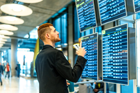Businessman holding smartphone and pointing at timetable display, checking flight information in airport terminal