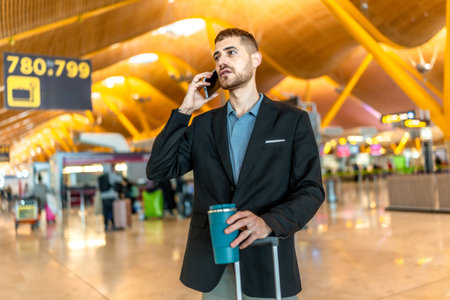 Businessman waiting for his flight, talking on the phone and holding a coffee while pulling his suitcase in a modern airportの写真素材