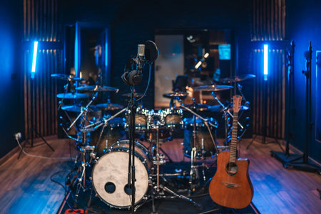 Professional condenser microphone recording instruments and drums in empty music studio with blue lightsの写真素材