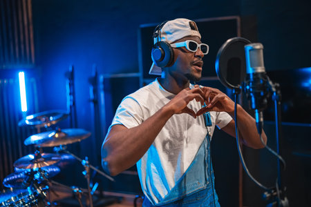 Young stylish male singer making heart shape with hands while recording new hit song in professional...