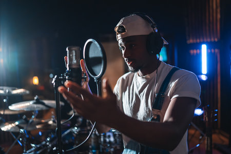 Young artist wearing headphones and singing into microphone, recording a pop music album in a recording studioの写真素材