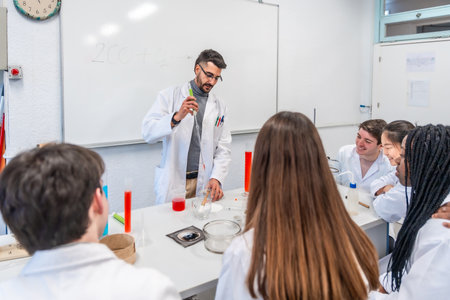 Chemistry teacher performing a chemical experiment with students in a university laboratory, using lab coats and equipmentの写真素材