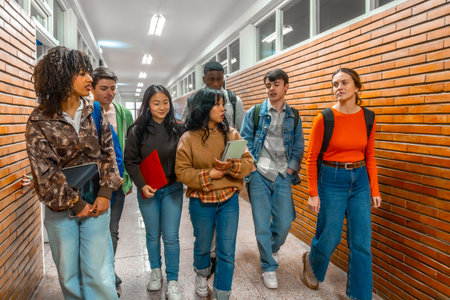 Multi ethnic university students walking down school hallway, chatting and holding books and tabletsの写真素材
