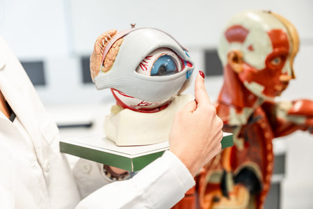 Doctor or medical student pointing at anatomical model of a human eye during a lesson in a medical university or research instituteの写真素材