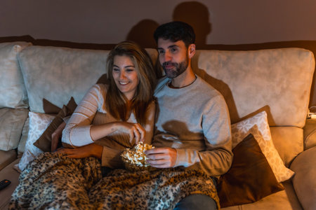 Young couple enjoying a movie night at home, sharing popcorn and relaxing on the sofa under a cozy blanketの写真素材