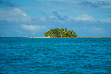 Daku island, a tropical paradise in Siargao, Philippines, offers breathtaking views of palm trees and crystal clear blue watersの写真素材