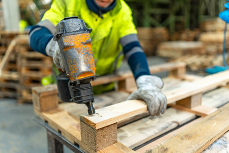 Close-up of man repairing a pallet in a recycling plant warehouseの写真素材