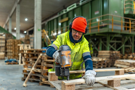 Worker using compressed air gun to repair pallets in a recycling plantの写真素材