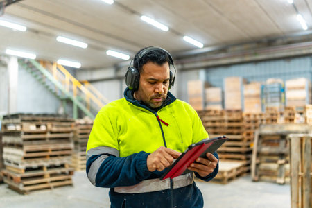 Worker using digital tablet while arranging pallets to reuse in a recycling plantの写真素材
