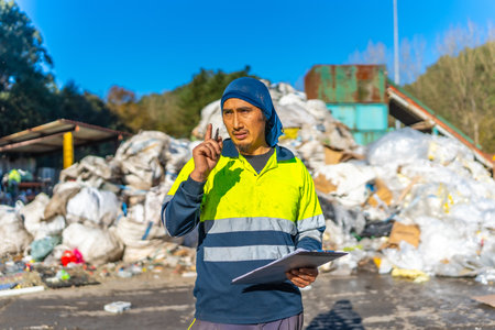 Three quarter length portrait of latin man doing paperwork among rubbish in a recycling plantの写真素材