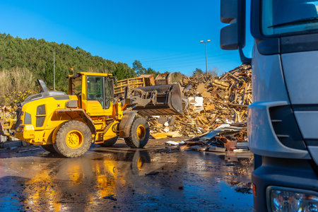 Bulldozer and truck outside a recycling plant moving waste in a sunny dayの写真素材