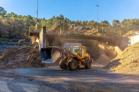 Full length wide view photo of an excavator working in the wood section of a recycling plant