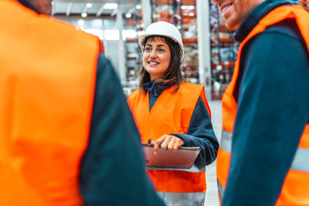 Warehouse workers wearing safety vests and hardhats are discussing logistics while using a digital tablet in a large warehouseの写真素材