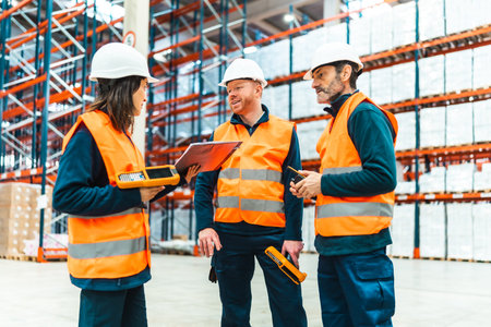 Warehouse workers wearing safety vests and helmets are using barcode readers and discussing...