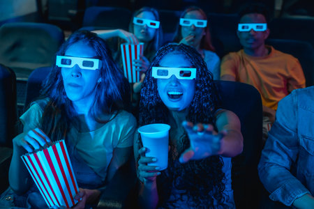 Young people wearing 3d glasses enjoying a movie at the cinema, eating popcorn and drinking soda, having fun togetherの写真素材
