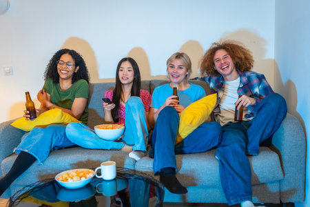 Four cheerful multi ethnic friends enjoying a movie night at home, drinking beer, eating popcorn, and having funの写真素材