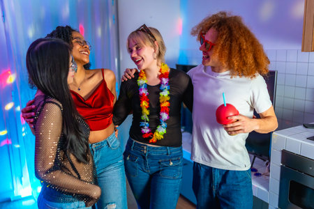 Cheerful young friends laughing and having fun together at a vibrant house party, enjoying drinks...