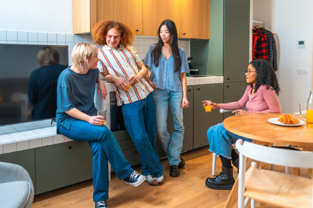 Four roommates are enjoying a casual conversation in their modern kitchen, drinking juice and eating...