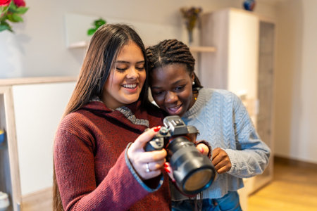 Two happy multi ethnic female students checking photos on professional dslr camera while studying...