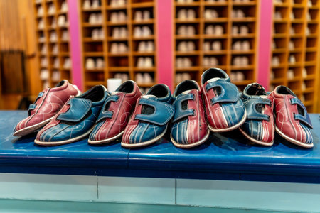 Red and blue bowling shoes resting on a counter, inviting bowlers to rent and enjoy an exciting game at the bowling alleyの写真素材