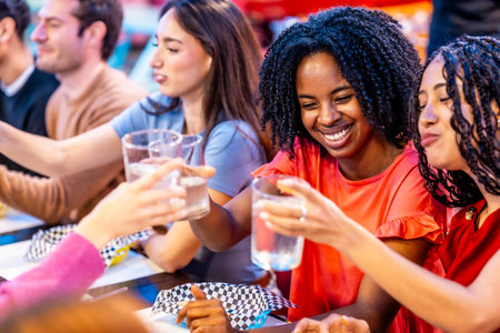 Cheerful group of multi ethnic friends toasting with drinks, enjoying time together at the bowling alley on a weekendの写真素材