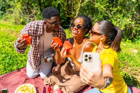 Three friends are having a picnic in a park, eating watermelon and taking a selfie with a smartphone