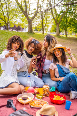 Four diverse female friends are enjoying a picnic in a park, taking a selfie with a smartphoneの写真素材