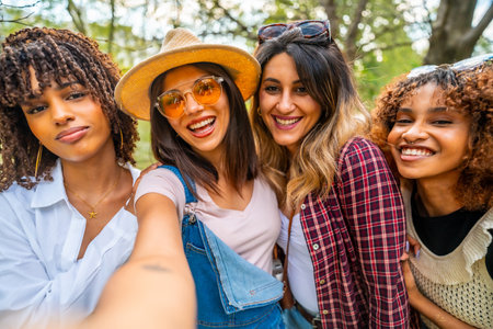 Four cheerful young women embracing and taking a selfie in a park, enjoying their time togetherの写真素材