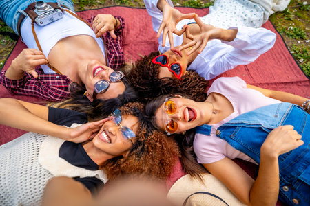 Four young women lying on a blanket and making a heart shape with their hands, taking a selfie and smilingの写真素材
