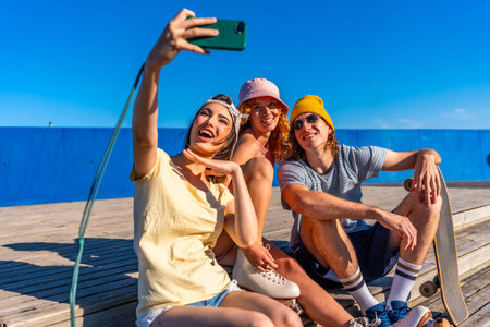 Three cheerful young friends are sitting on a wooden walkway by the sea, taking a selfieの写真素材