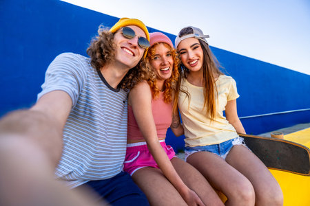 Three cheerful young friends are taking a selfie while sitting on a ledge with a skateboard, showing their youthful energy and urban styleの写真素材