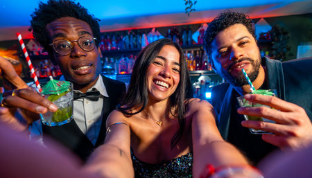 Cheerful multi ethnic friends enjoying cocktails and capturing joyful selfies at a vibrant nightclub filled with colorful lights and excitementの写真素材