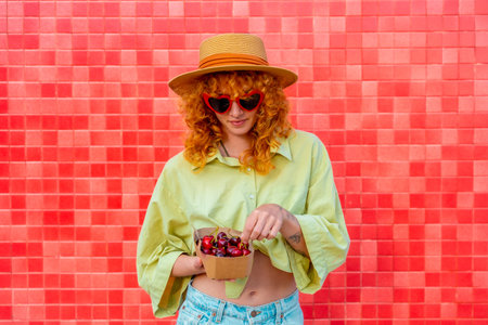 Fashionable redhead woman with heart shaped sunglasses and straw hat enjoying fresh cherries from a...