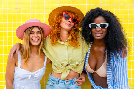 Three diverse female friends are hugging, smiling, and wearing summer clothes and hats by a bright yellow tiled wallの写真素材