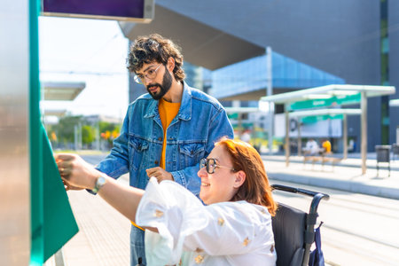 Woman in a wheelchair validating her ticket at a modern tram stop, with a friend providing...