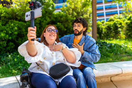 Two content creators sitting on a bench in a park, filming a video blog using a smartphone and gimbalの写真素材