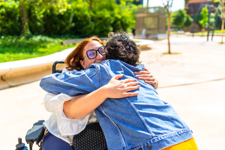 Smiling woman with glasses sitting in a wheelchair hugs her daughter in a park, enjoying a sunny dayの写真素材