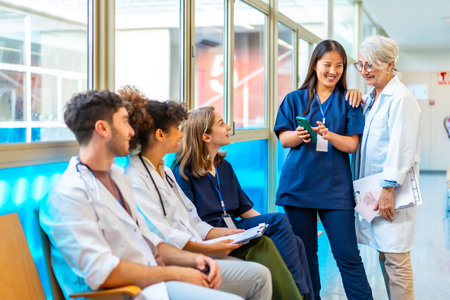 Doctors and nurses reviewing medical records on a smartphone, fostering collaboration and communication in a hospital settingの写真素材