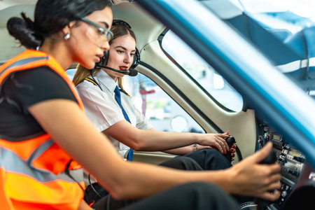 Female pilot and engineer working together inside the cockpit of a small airplane, preparing to take...