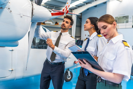 Professional pilots and aviation crew performing detailed inspection and maintenance on a small...
