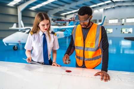 Aircraft maintenance engineer shows a fuel sample to a pilot during a pre-flight check in to a...