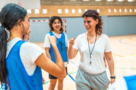 Female basketball coach motivating her team during training, encouraging players and giving support on the courtの写真素材