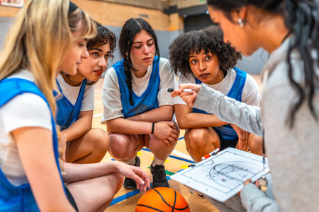 Basketball coach explaining game strategy to her young female athletes using whiteboard and marker in a gymの写真素材