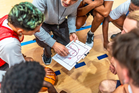 Basketball coach discussing game strategy with his team on a clipboard during a timeout, fostering teamwork and tactical planningの写真素材