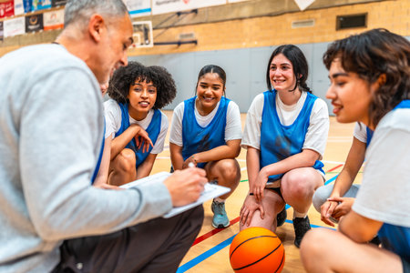 Basketball coach briefing his female team during a time out, taking notes and discussing game strategyの写真素材