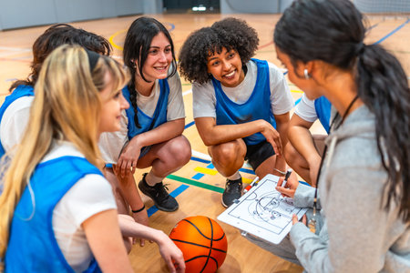 Female basketball coach drawing a play on a clipboard while explaining game strategy to her young multi ethnic female team players crouching in the courtの写真素材