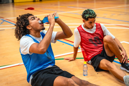 Two basketball players are sitting on the court, taking a break and drinking energy drinks after an...