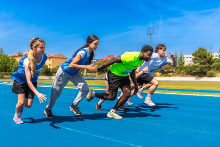 Young athletes sprinting energetically on a vibrant blue track under the bright sun, showing...