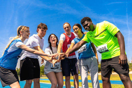 Diverse group of young athletes putting their hands together before a track and field competition, showing teamwork and sportsmanshipの写真素材