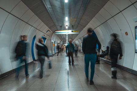 Tourists and commuters navigating an underground corridor in London, United Kingdom, surrounded by modern architecture and vibrant energyの写真素材